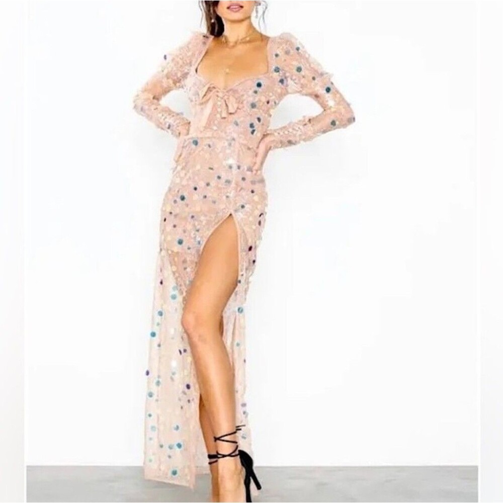 For Love & Lemons Paillettes Sequin Sheer Pink Nude ACE Maxi Dress SMALL Bishop